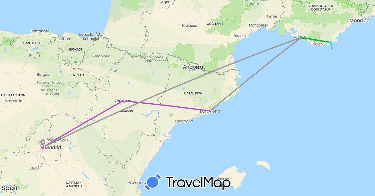 TravelMap itinerary: driving, bus, plane, train, boat in Spain, France (Europe)
