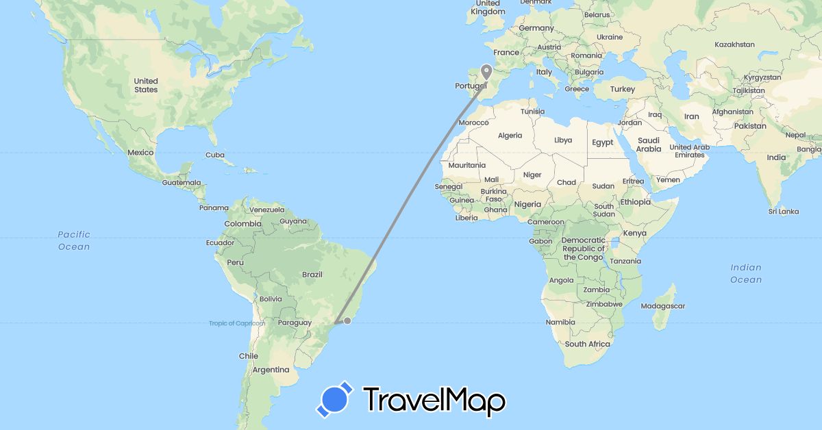 TravelMap itinerary: plane in Brazil, Spain (Europe, South America)